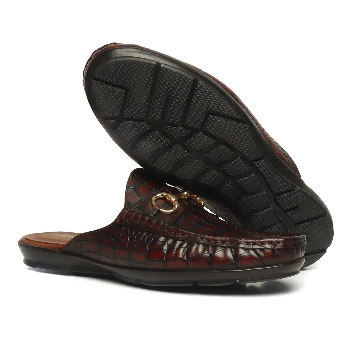 Cognac Deep Cut Croco With Horsebit Detailing Leather Mules by Brune & Bareskin