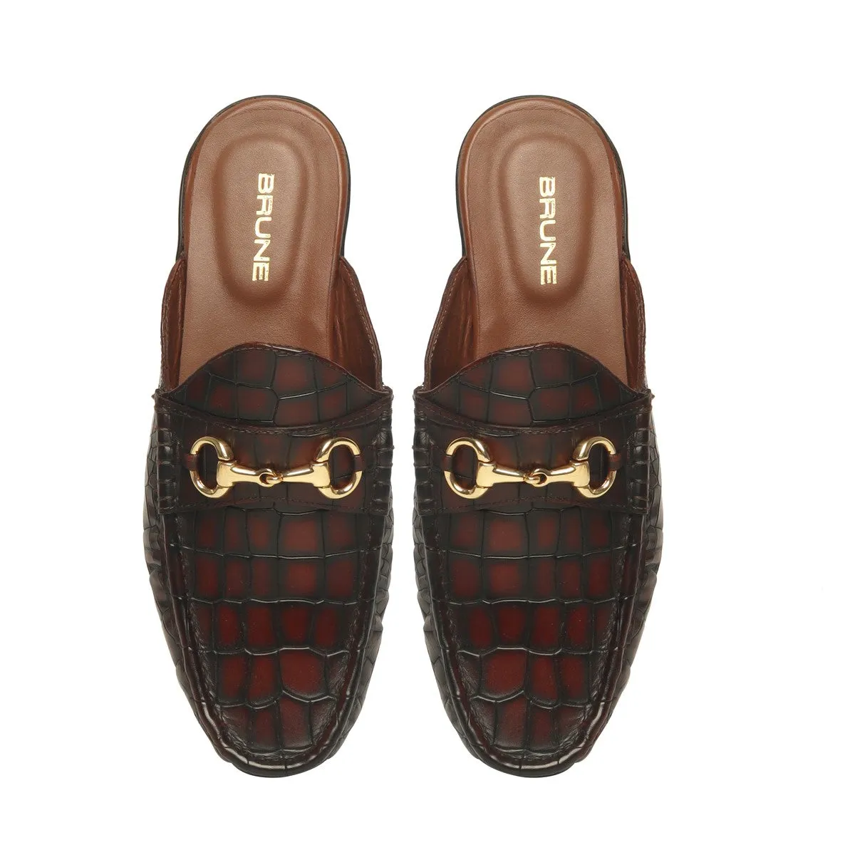 Cognac Deep Cut Croco With Horsebit Detailing Leather Mules by Brune & Bareskin