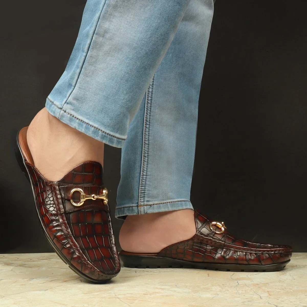 Cognac Deep Cut Croco With Horsebit Detailing Leather Mules by Brune & Bareskin