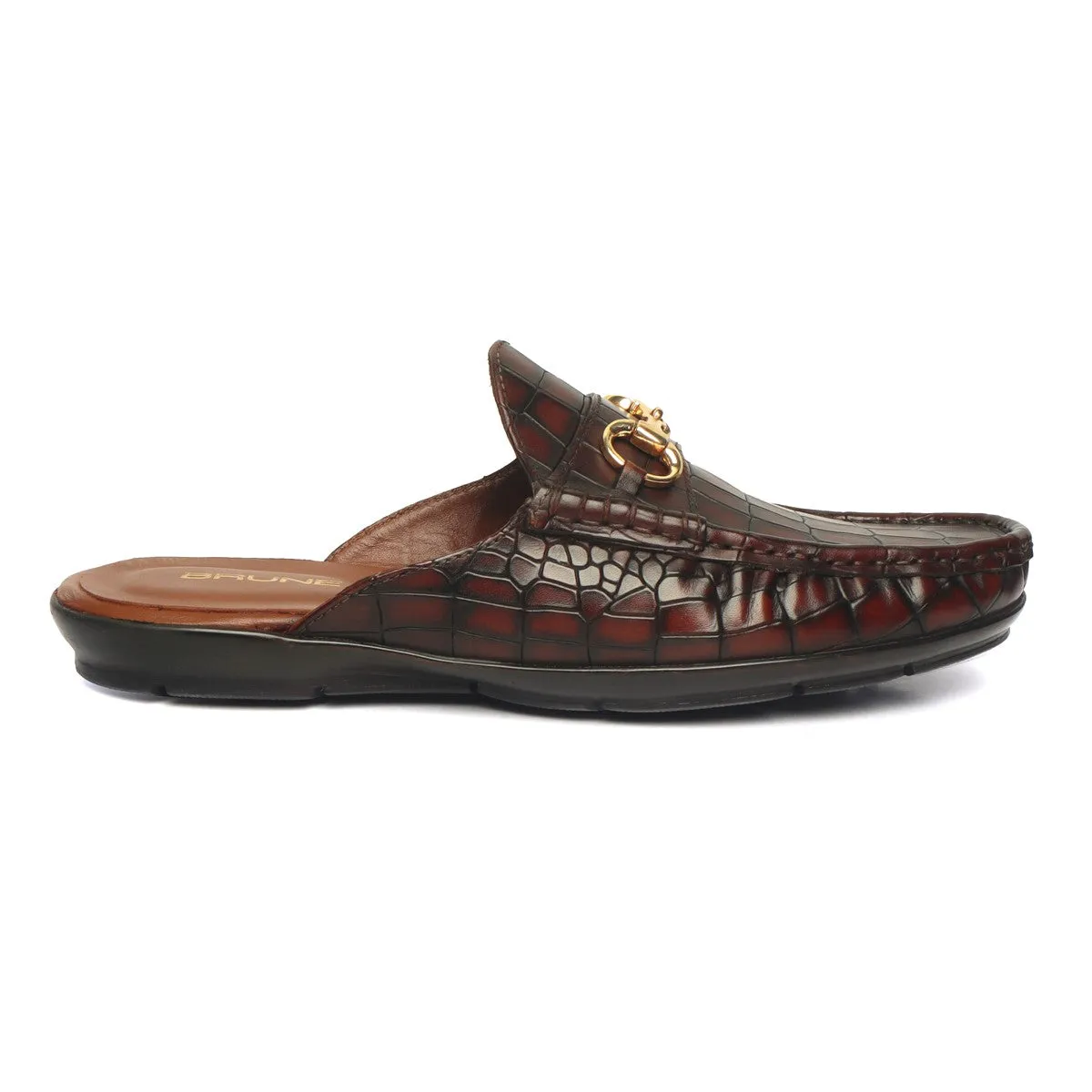 Cognac Deep Cut Croco With Horsebit Detailing Leather Mules by Brune & Bareskin