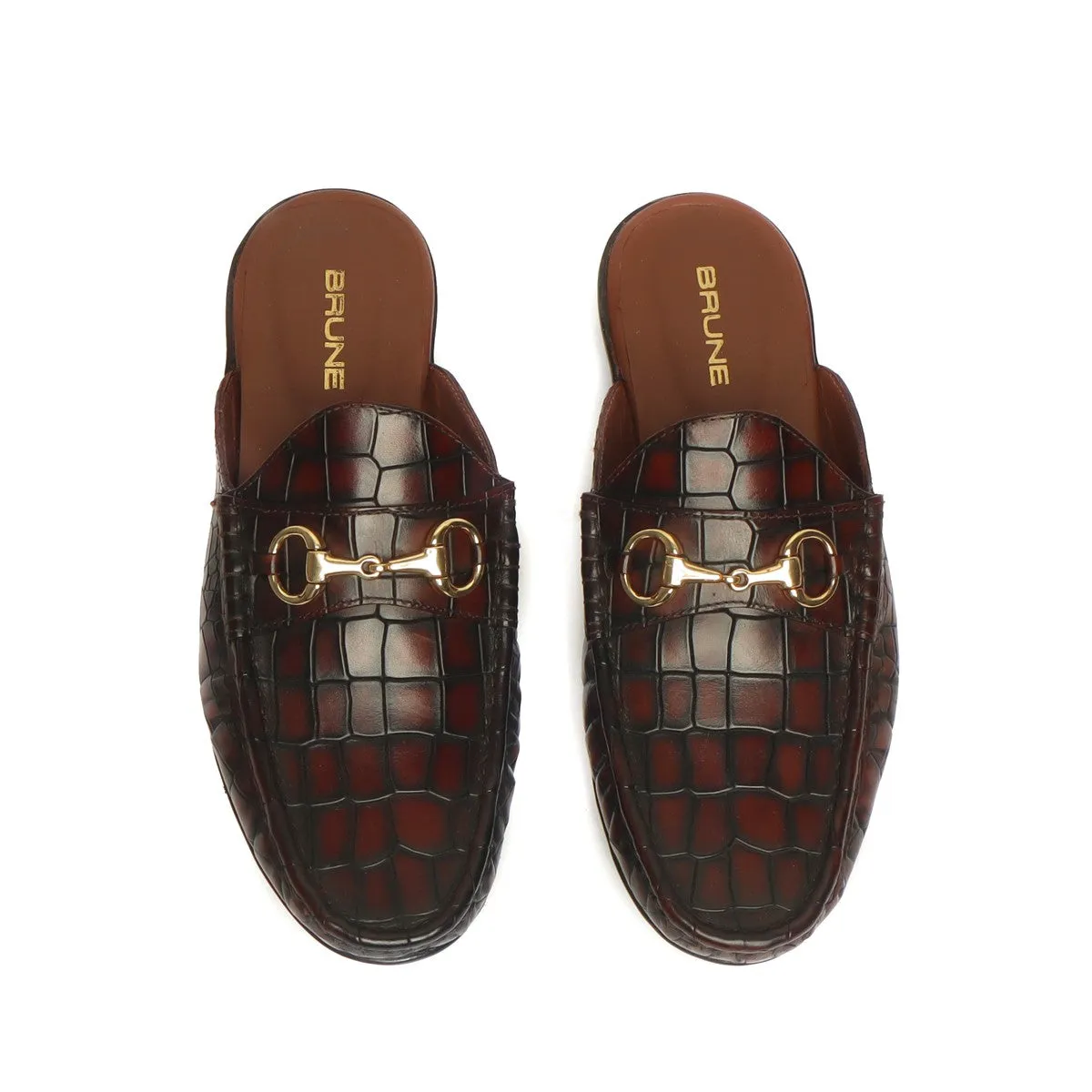 Cognac Deep Cut Croco With Horsebit Detailing Leather Mules by Brune & Bareskin