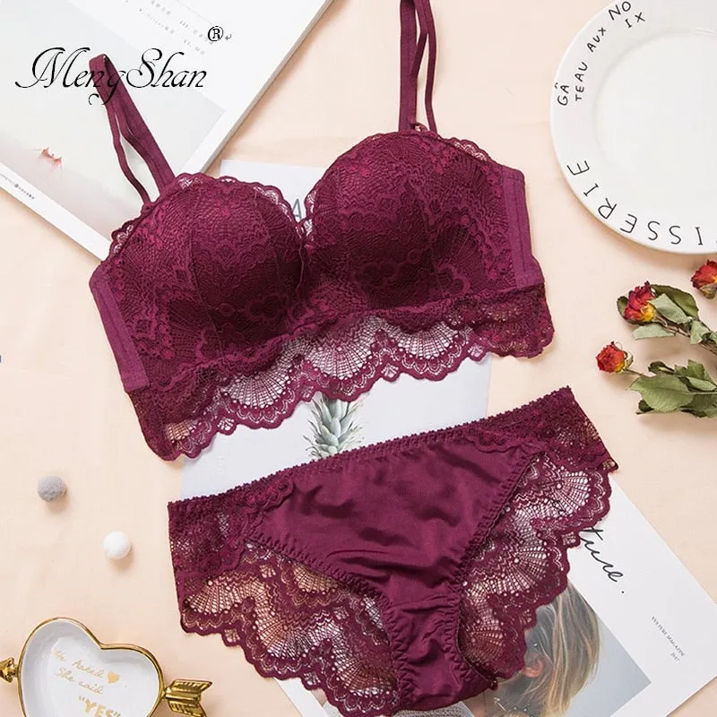 Comfortable Gathering Sexy Underwear Suit push up bra Ring-free lace edge massage palm cup bra set lingerie femme 75C 80C 85C