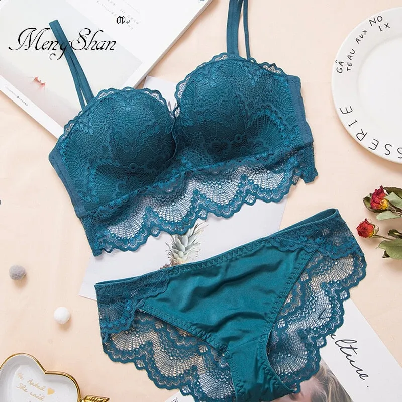 Comfortable Gathering Sexy Underwear Suit push up bra Ring-free lace edge massage palm cup bra set lingerie femme 75C 80C 85C