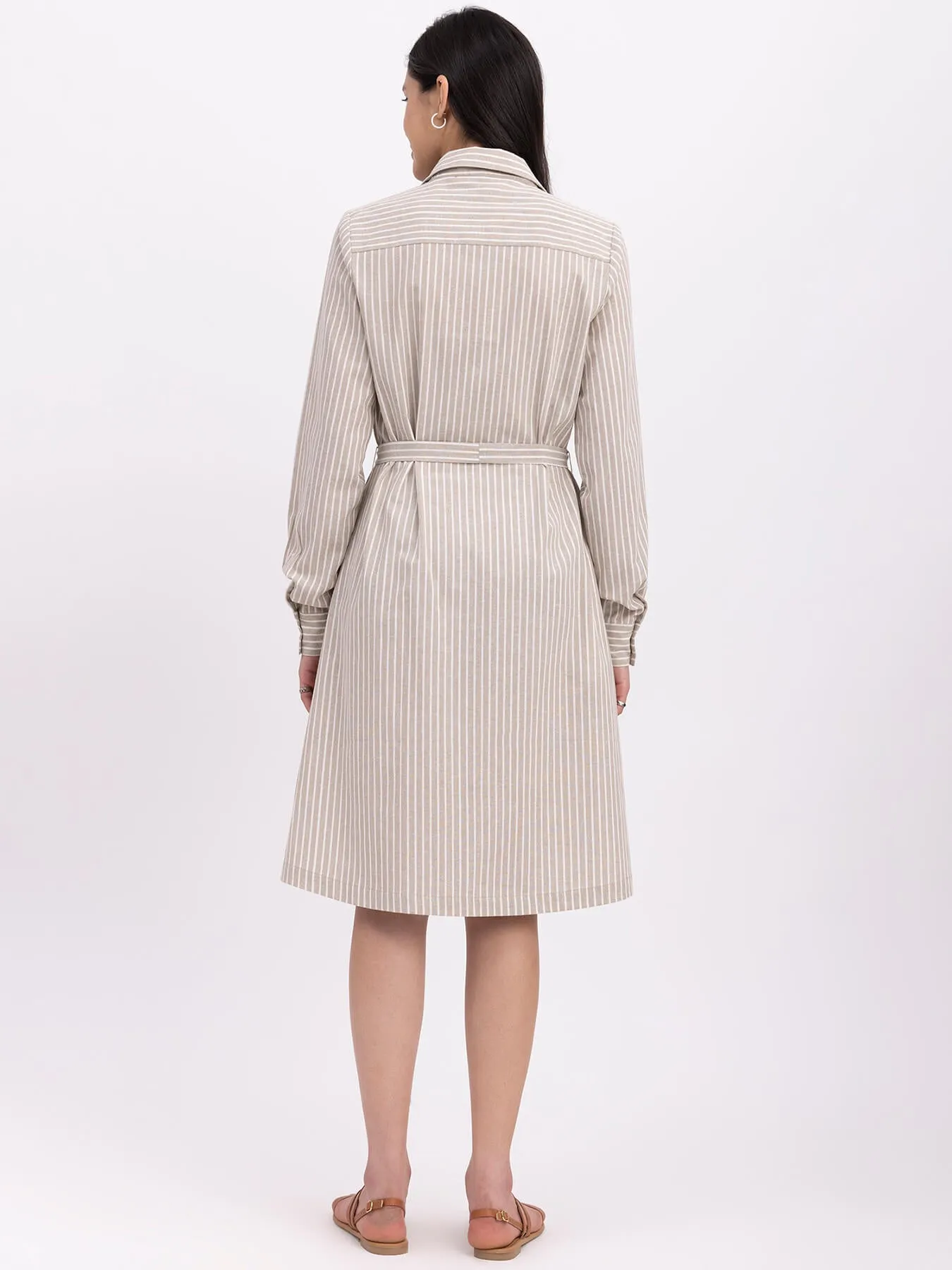 Cotton Striped Shirt Dress - Beige