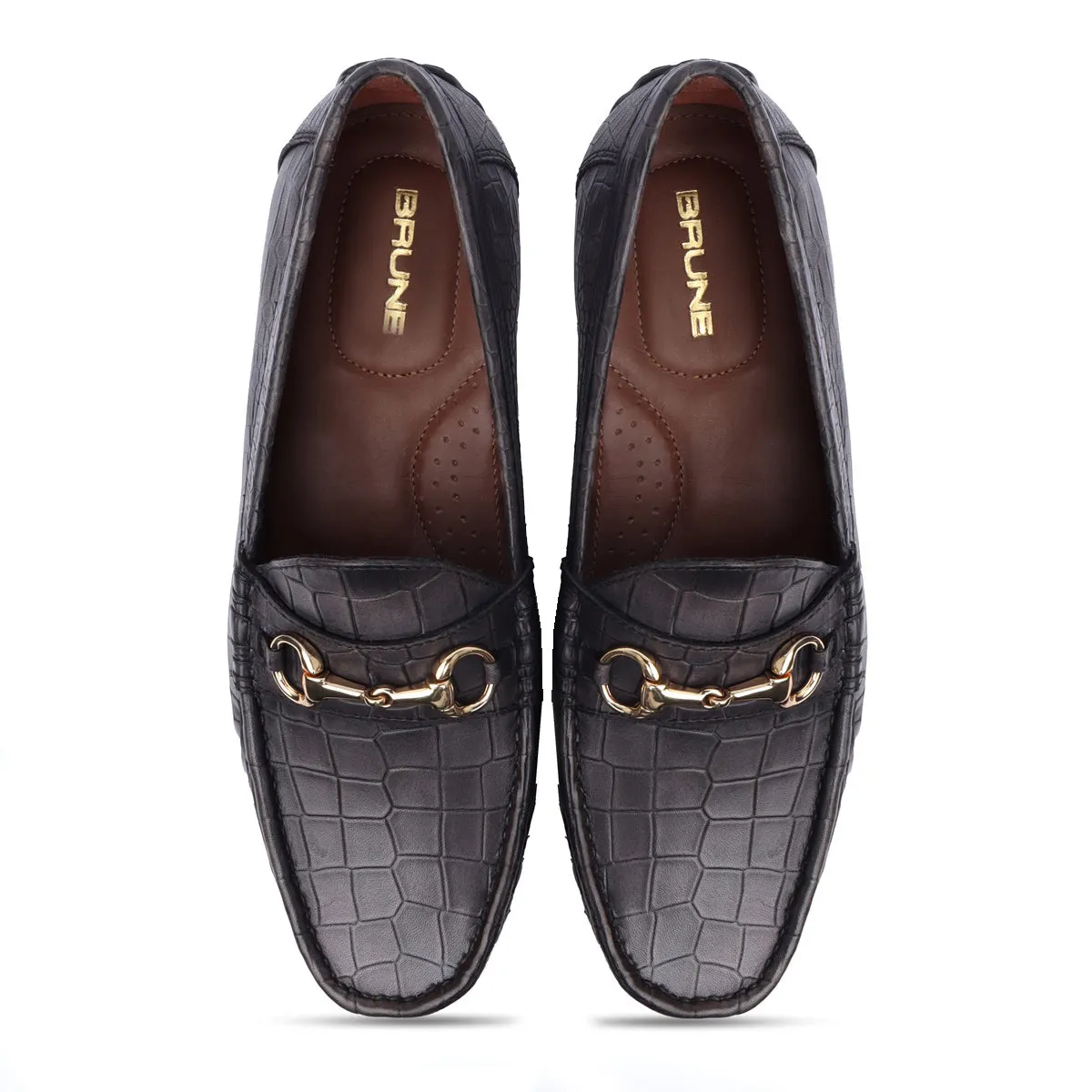 Croco Textured Grey Leather Loafer With Horse-bit Buckle