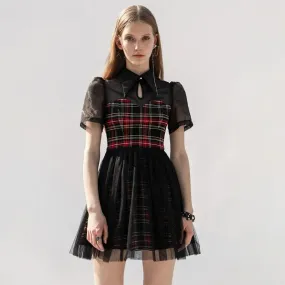 Daily Lace Organza Spliced Plaid Short Sleeve A-Line Sexy Casual Gothic Dress