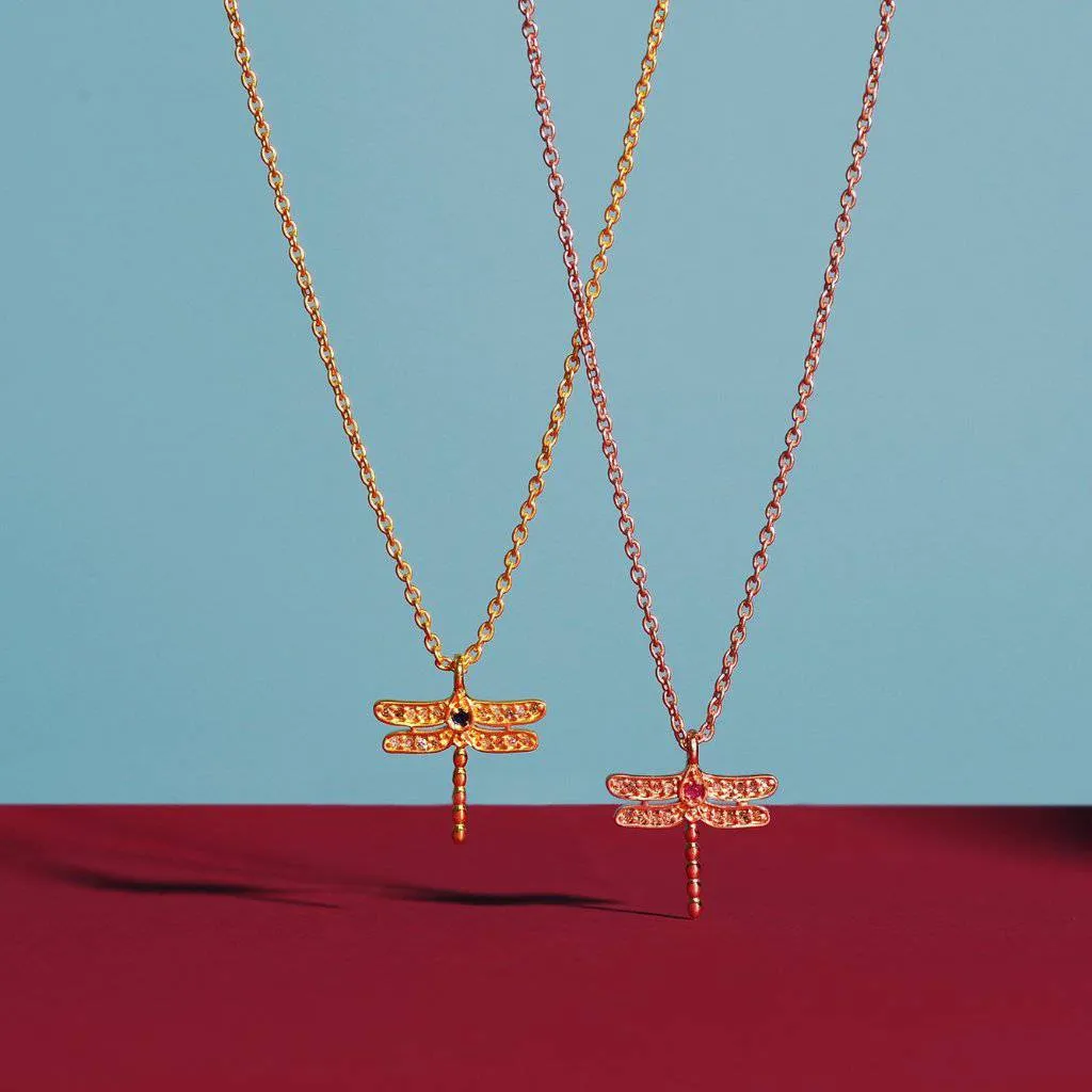 Diamond & Ruby Dragonfly Necklace Rosegold