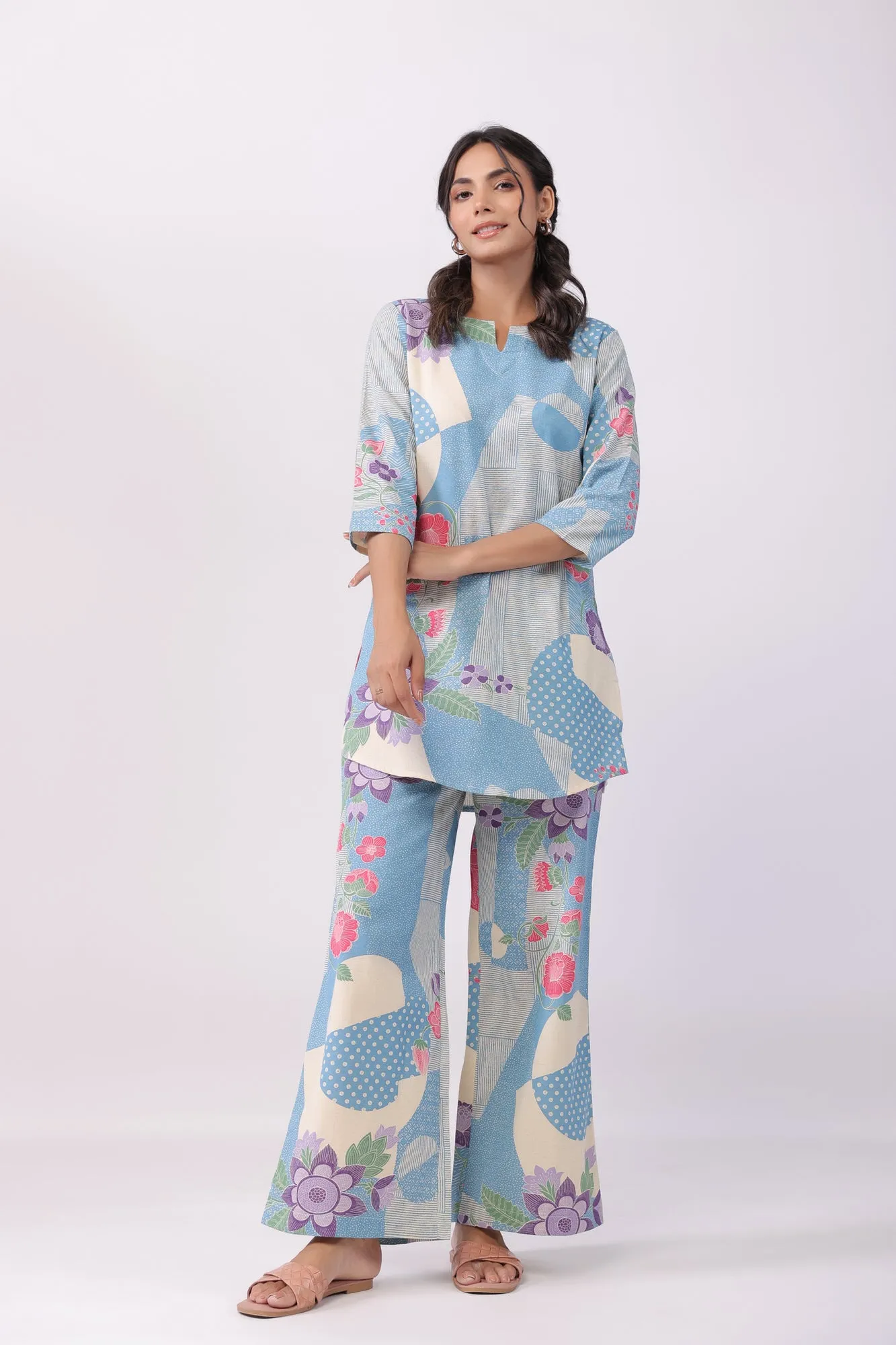 Distant Blooms Blue Cotton Co-ord Set