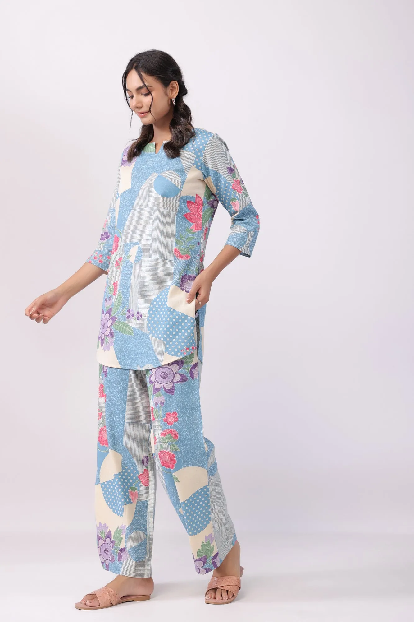 Distant Blooms Blue Cotton Co-ord Set