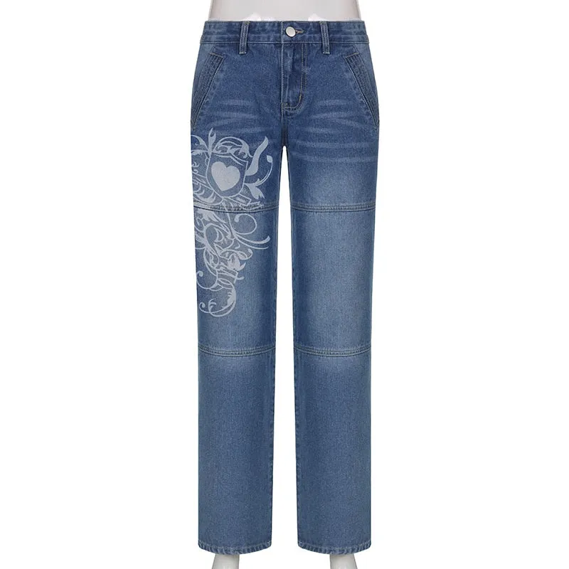 DressBetty - Y2K Jeans Low Rise Trousers Blue Vintage Gothic Print Baggy Casual Wide Leg Denim Aesthetic