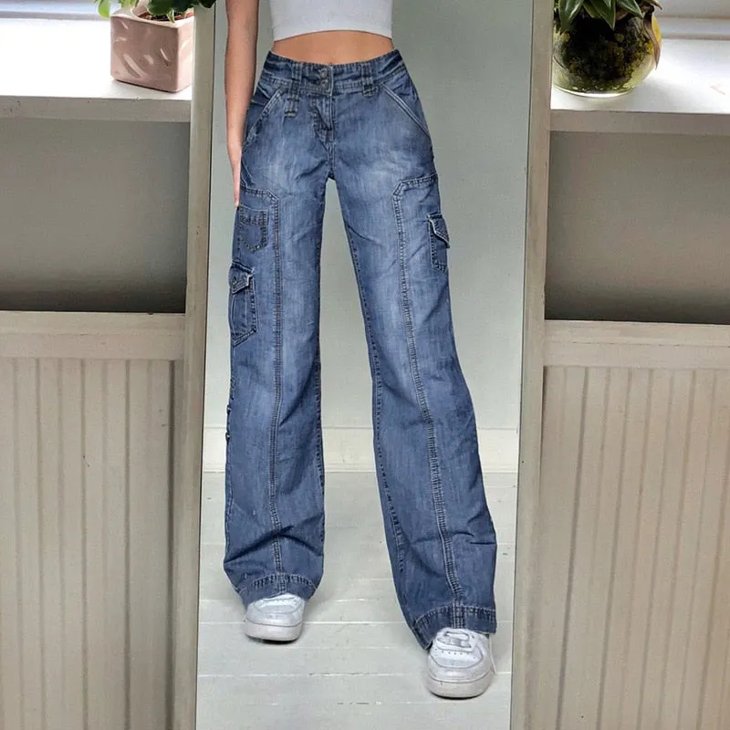 DressBetty - Y2K Jeans Low Rise Trousers Blue Vintage Gothic Print Baggy Casual Wide Leg Denim Aesthetic