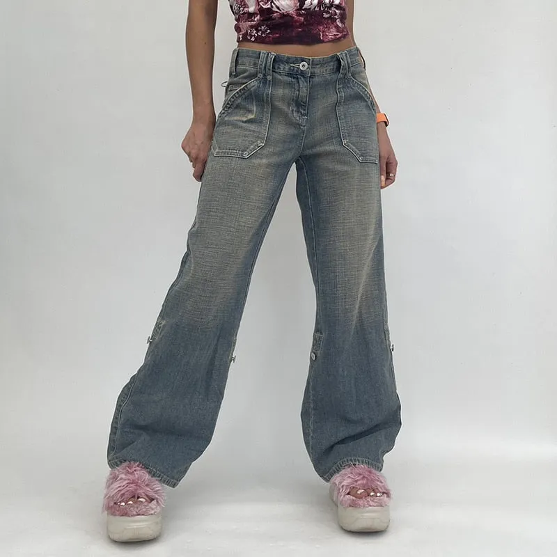 DressBetty - Y2K Jeans Low Rise Trousers Blue Vintage Gothic Print Baggy Casual Wide Leg Denim Aesthetic