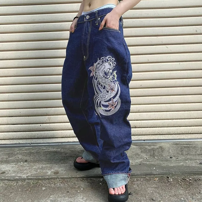 DressBetty - Y2K Jeans Low Rise Trousers Blue Vintage Gothic Print Baggy Casual Wide Leg Denim Aesthetic