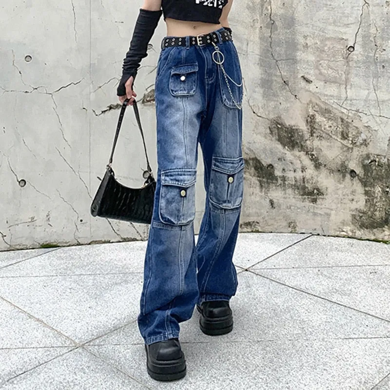 DressBetty - Y2K Jeans Low Rise Trousers Blue Vintage Gothic Print Baggy Casual Wide Leg Denim Aesthetic