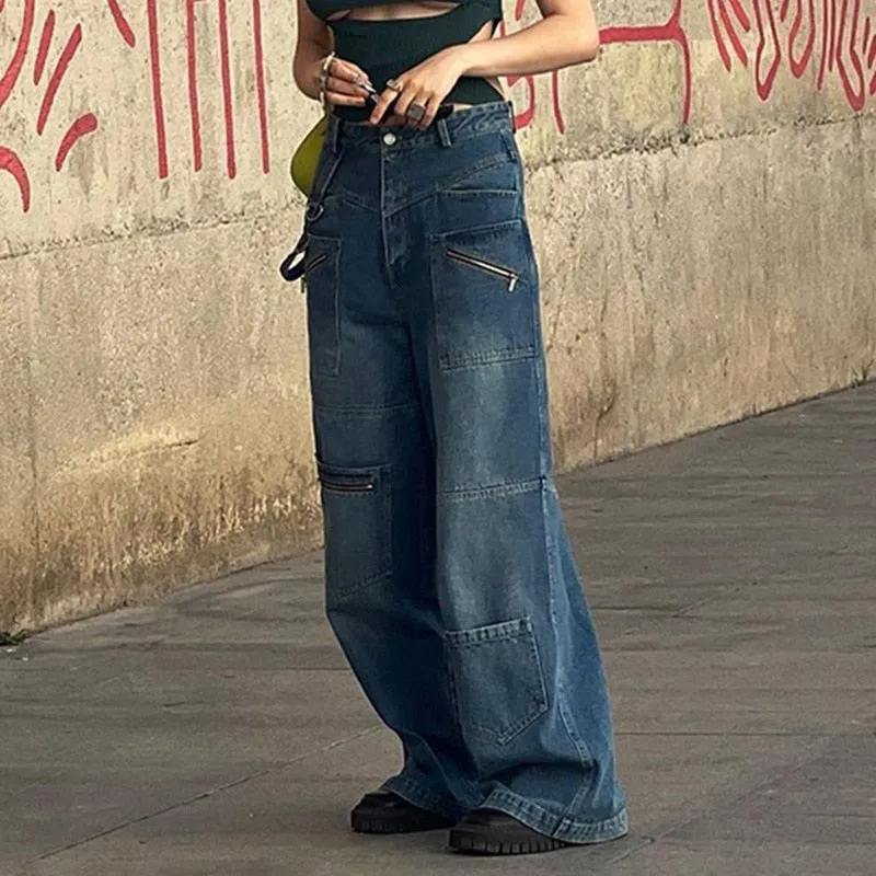 DressBetty - Y2K Jeans Low Rise Trousers Blue Vintage Gothic Print Baggy Casual Wide Leg Denim Aesthetic