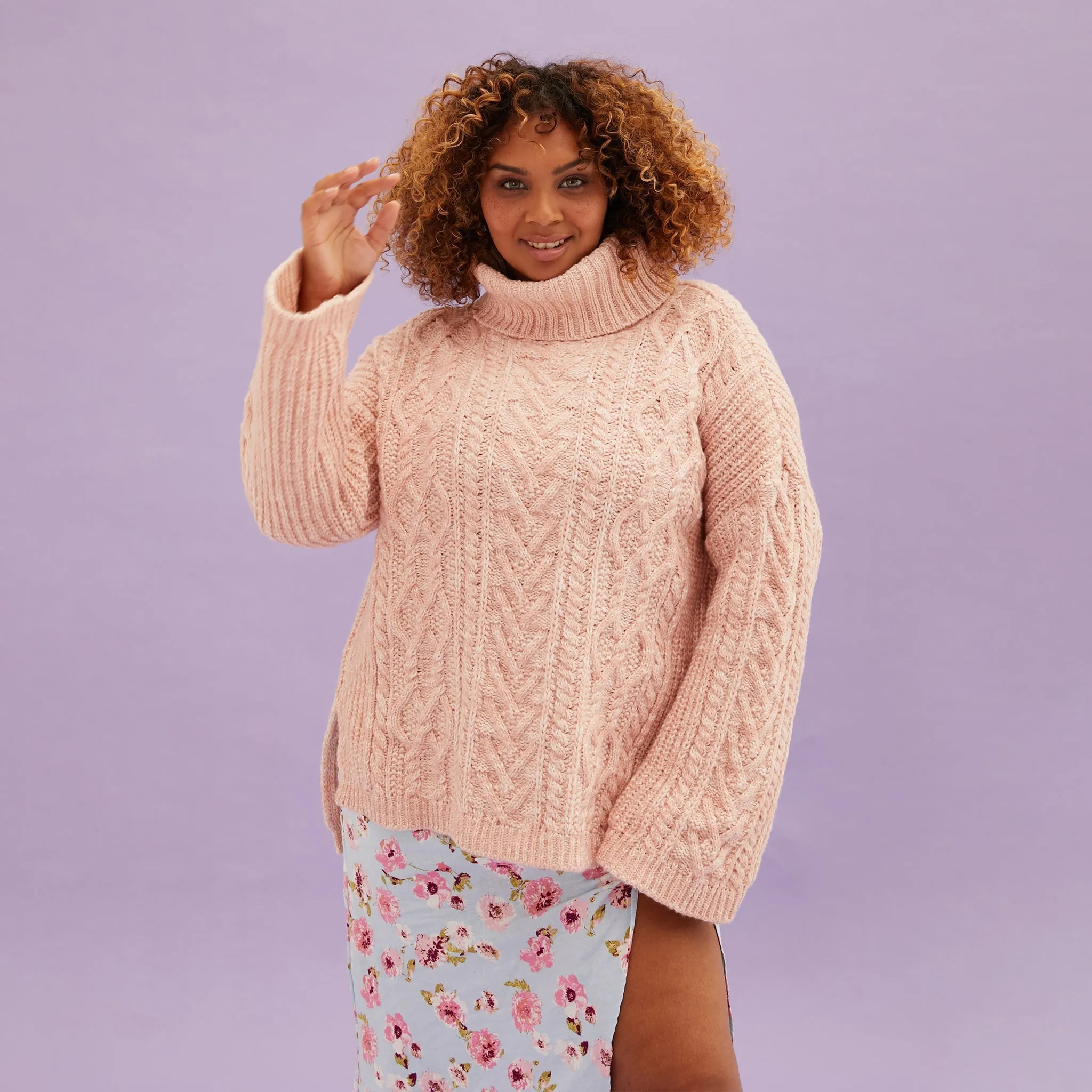 Emily Cable Roll Neck Tunic Jumper - Dusky Pink