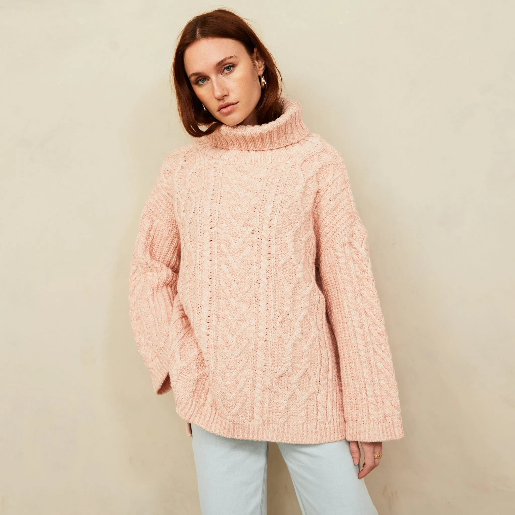 Emily Cable Roll Neck Tunic Jumper - Dusky Pink