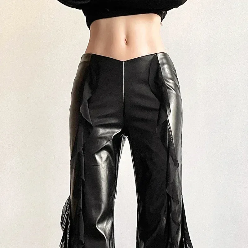 Gothic Zip Women Casual Flare Pants Faux PU Mesh Pants