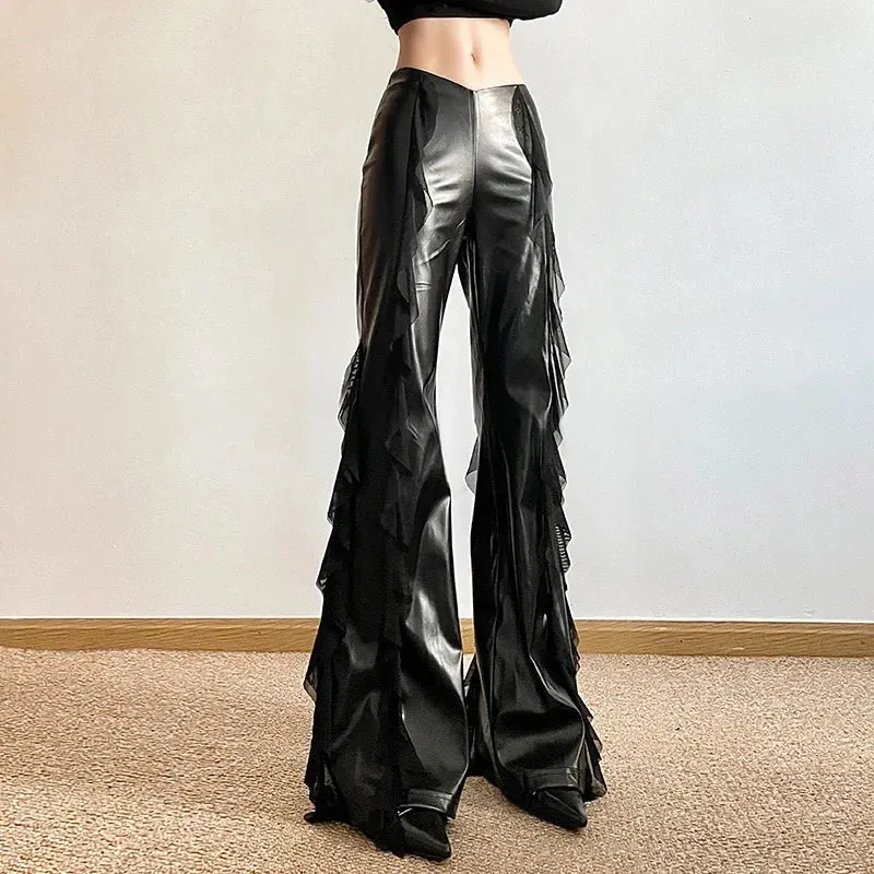 Gothic Zip Women Casual Flare Pants Faux PU Mesh Pants