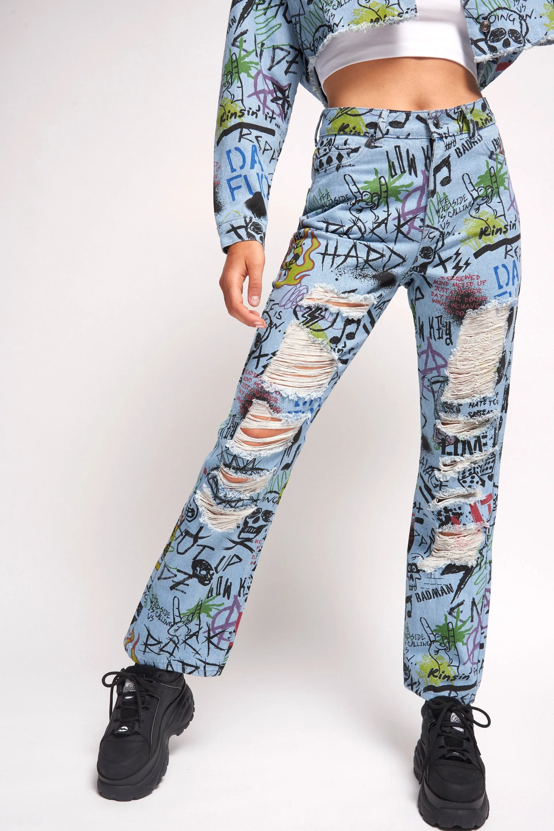 Graffiti Print Extreme Rip Jeans