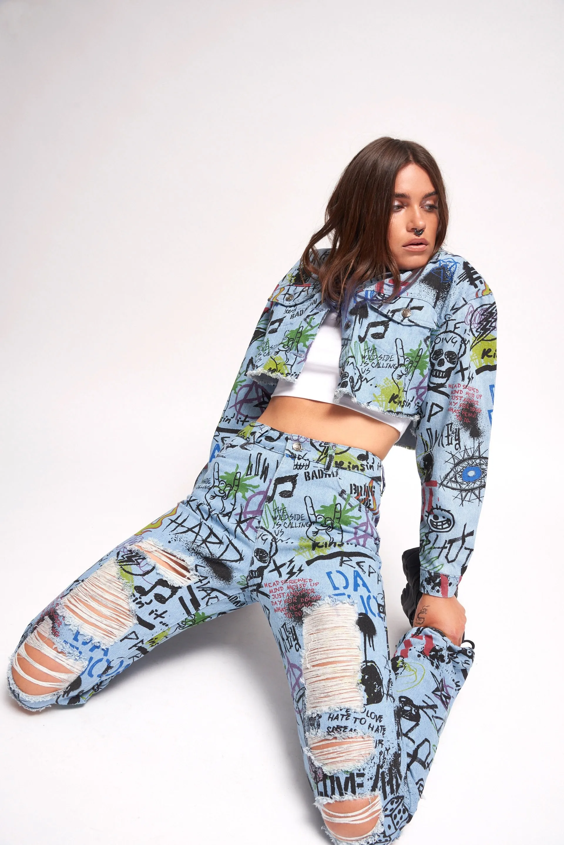 Graffiti Print Extreme Rip Jeans