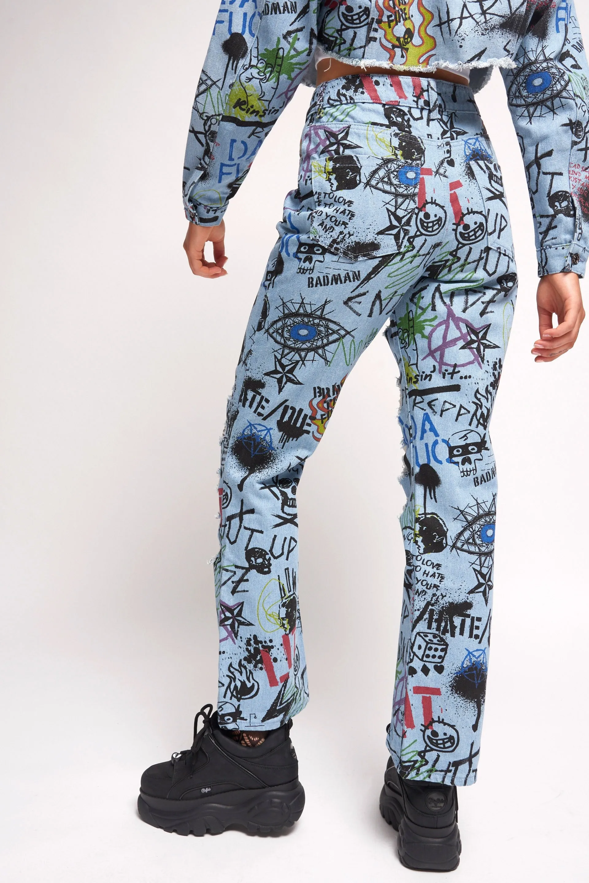 Graffiti Print Extreme Rip Jeans