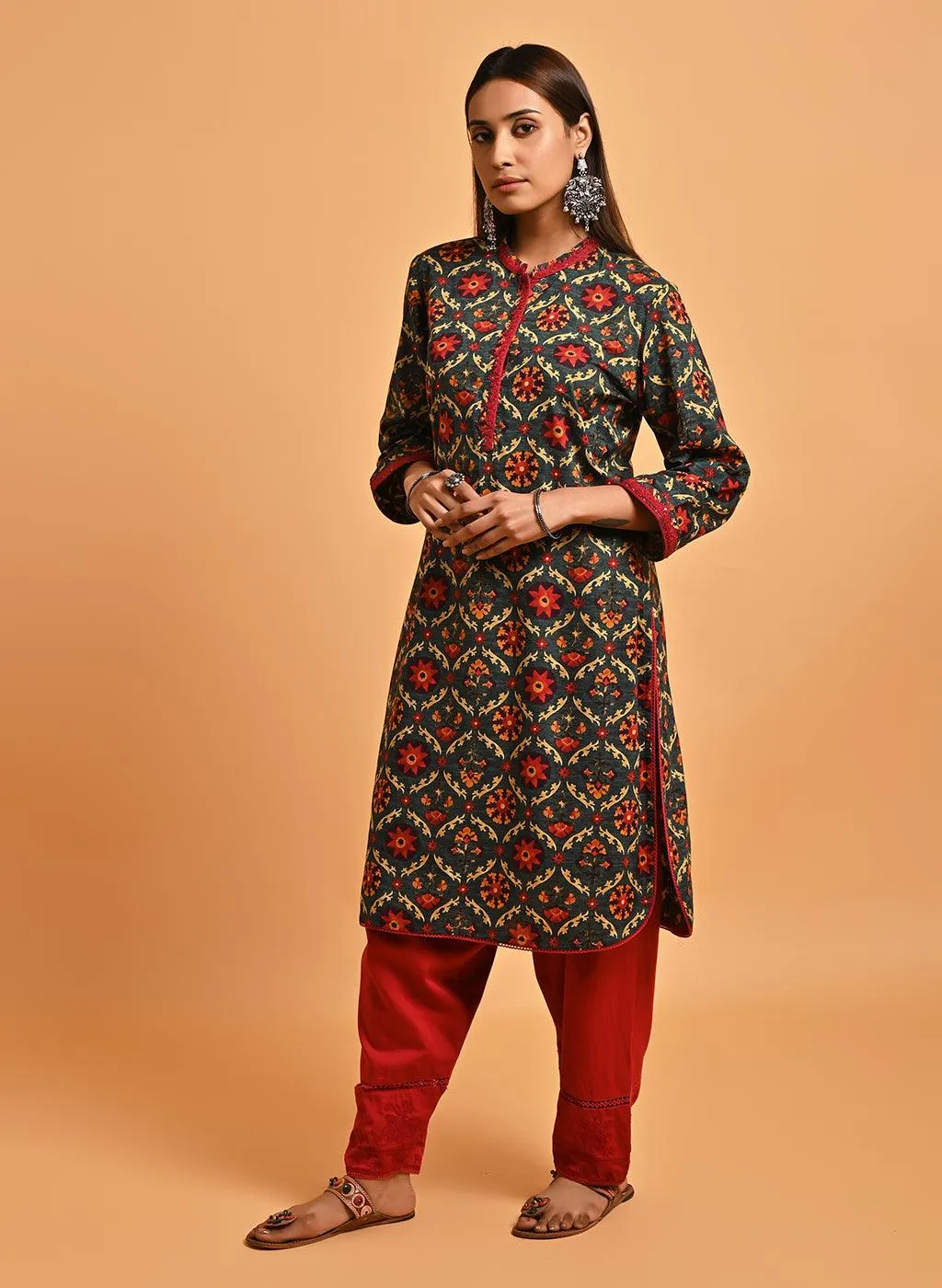 Green Ethnic Printed Kurta with Lace Detailing