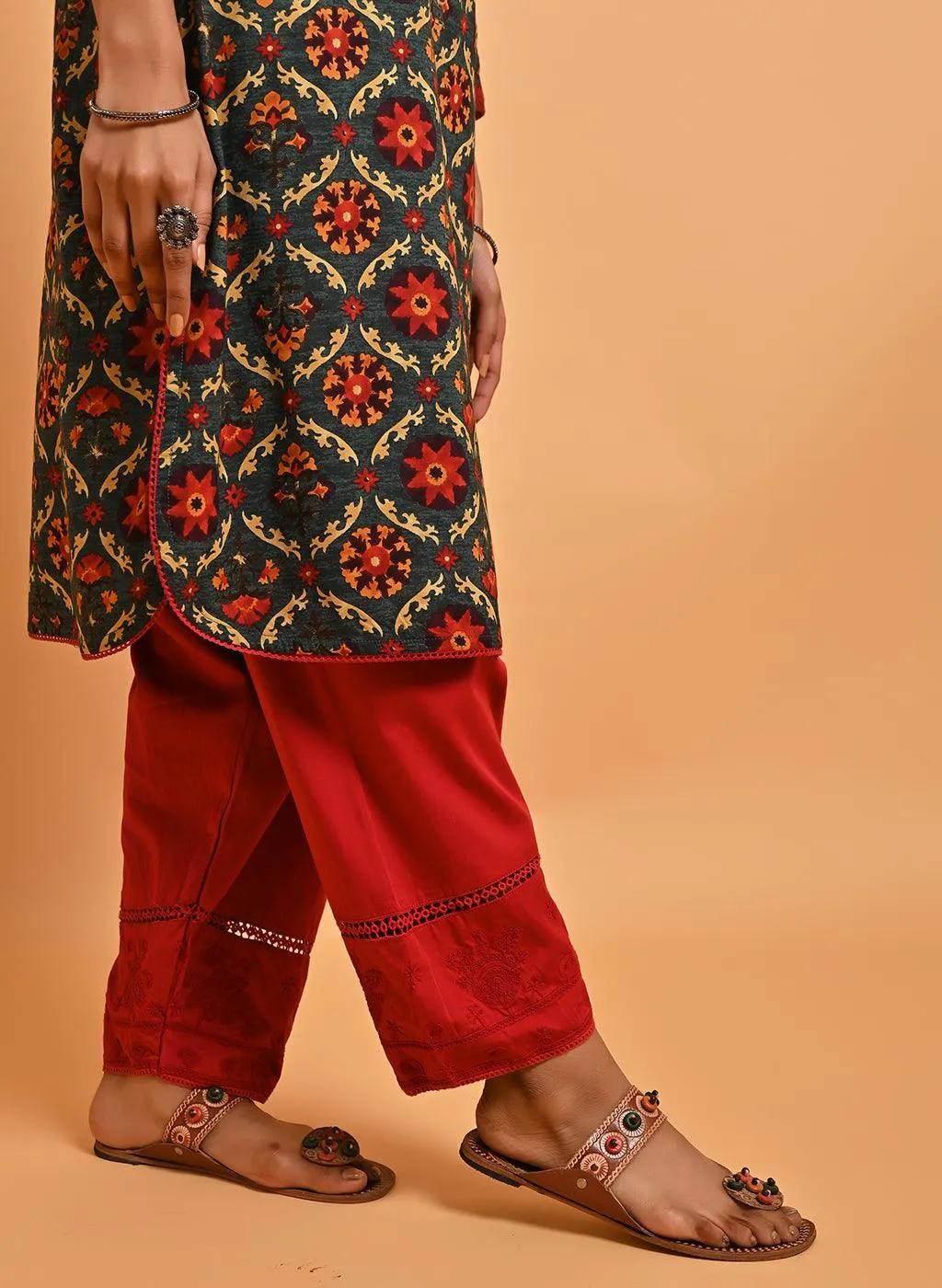 Green Ethnic Printed Kurta with Lace Detailing