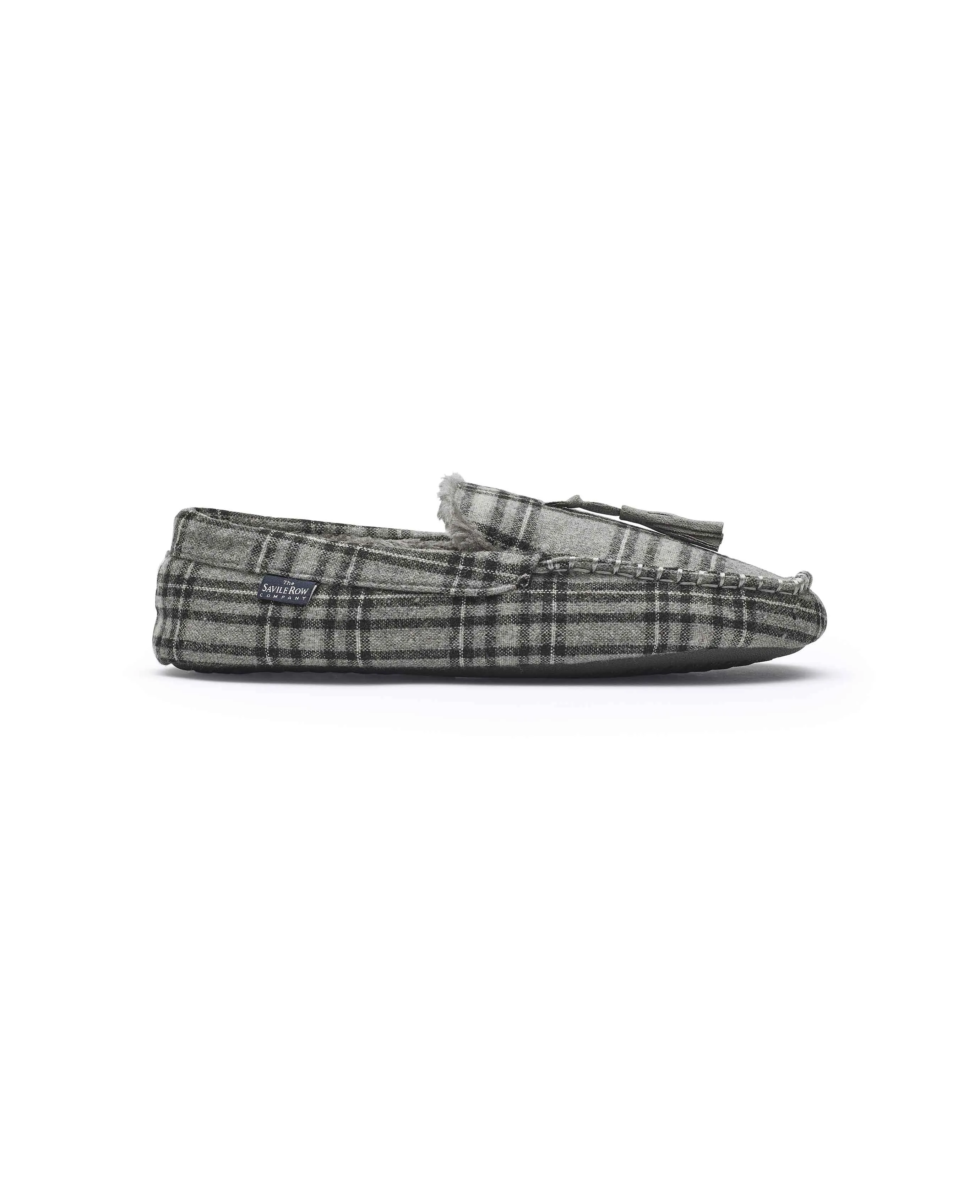 Grey Check Microsuede Moccasin Slippers