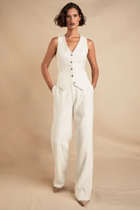 High Waisted Straight Trouser (Oyster Linen Pinstripe)