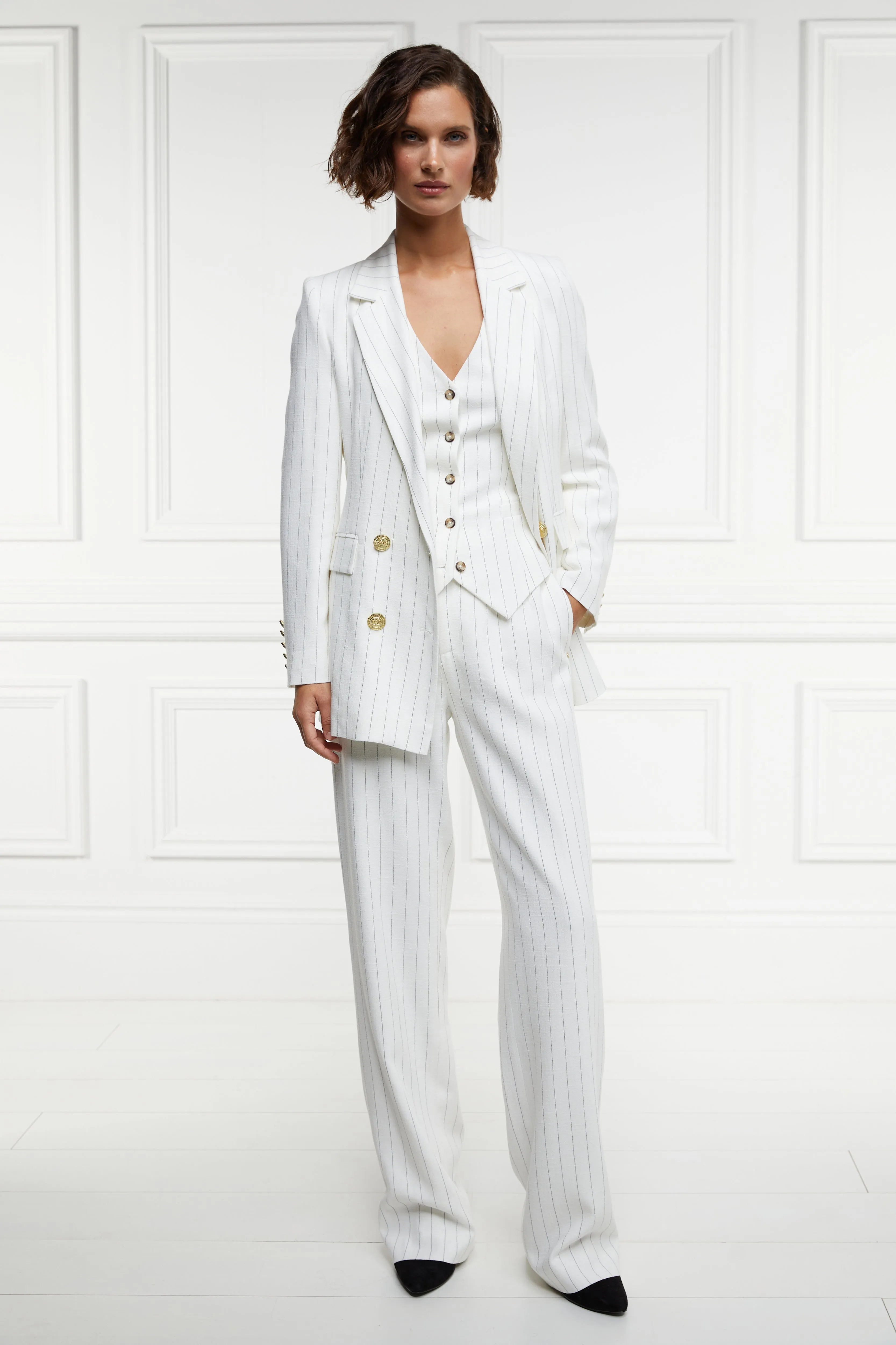 High Waisted Straight Trouser (Oyster Linen Pinstripe)