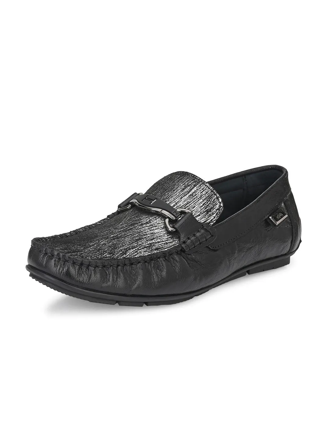 Hitz Men's Black Leather Slip-On Party Wear Laofer Shoes