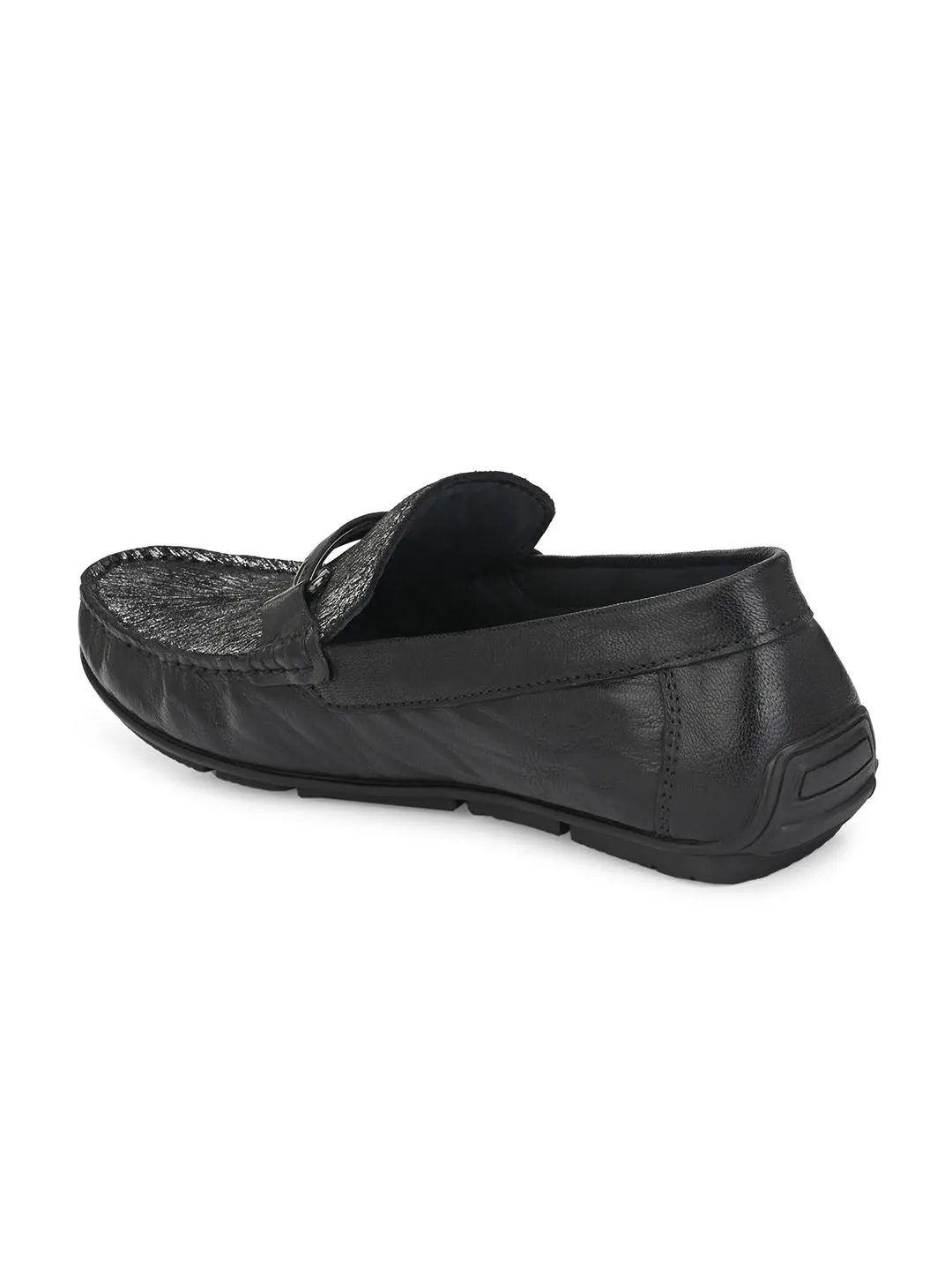 Hitz Men's Black Leather Slip-On Party Wear Laofer Shoes