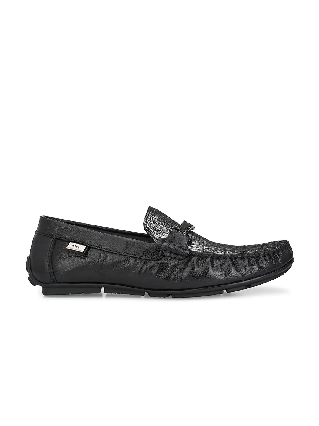 Hitz Men's Black Leather Slip-On Party Wear Laofer Shoes