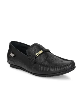 Hitz Men's Black Leather Slip-On Party Wear Laofer Shoes