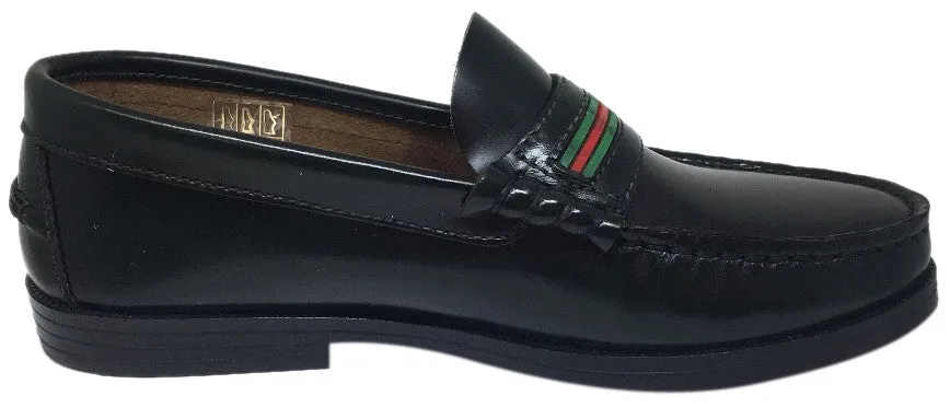 Hoo Shoes Boy's and Girl's Mark's Dark Green Smooth Leather Red Green Striped Slip On Oxford Loafer Shoe