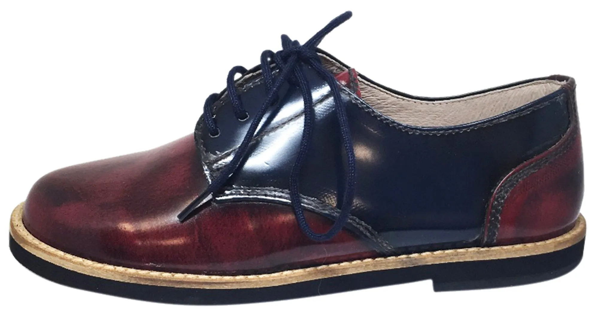 Hoo Shoes Boy's and Girl's Mark's Smooth Patent Leather Navy Burgundy Red Dual Color Lace Up Oxford Shoe