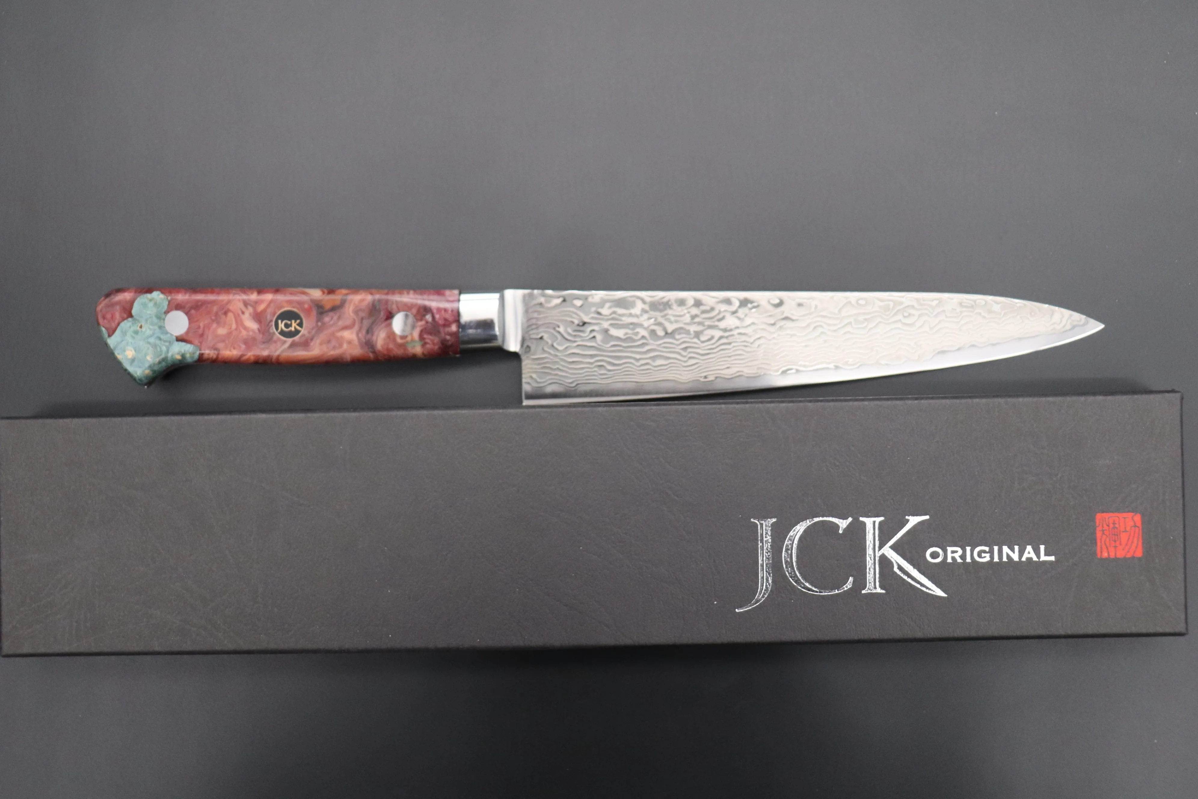 JCK Original Kagayaki NOVEL- Limited Edition Custom R-2 Damascus Series KNLTD-68 Petty 150mm (5.9 inch, Hammer Forged Blade)