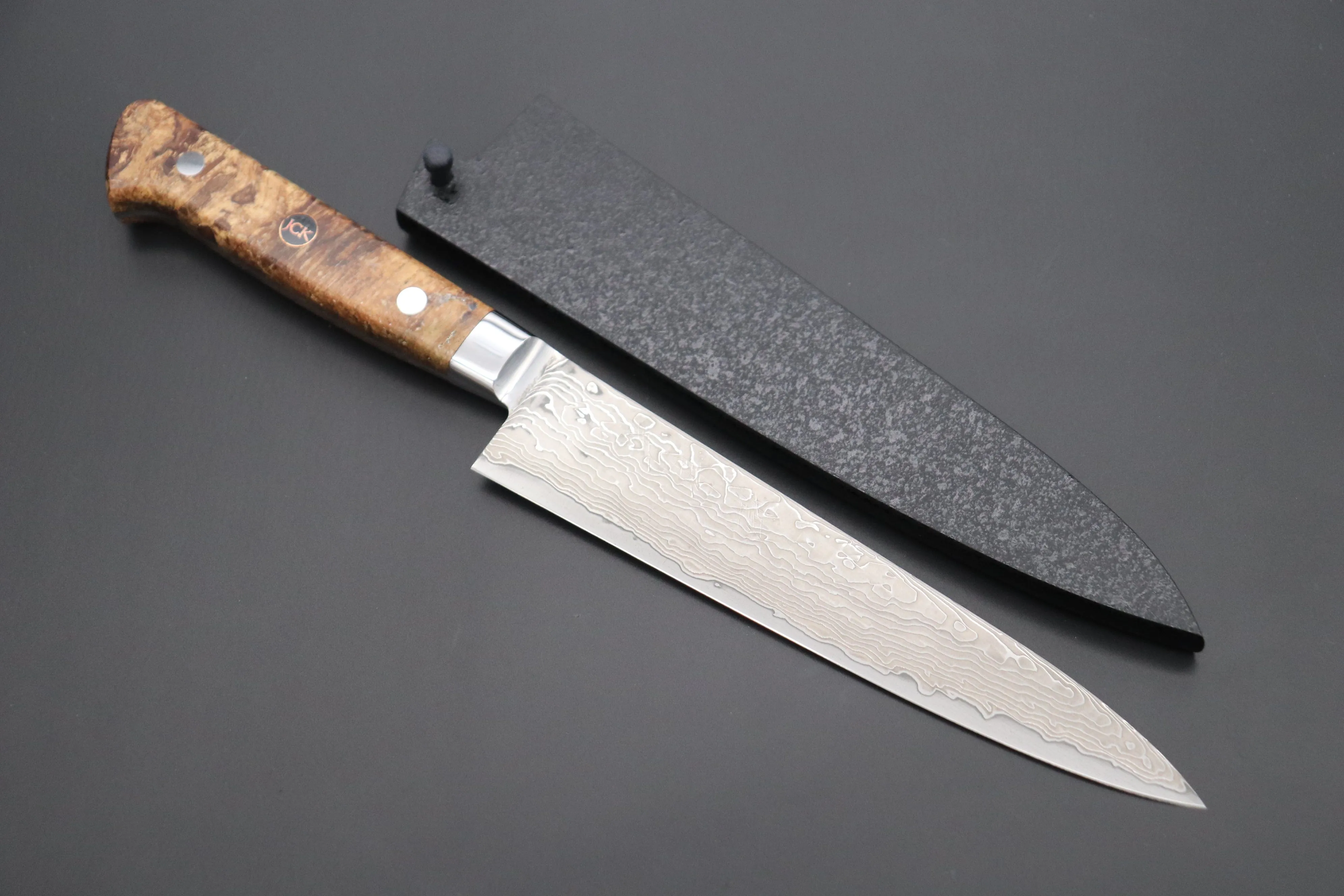 JCK Original Kagayaki NOVEL- Limited Edition Custom R-2 Damascus Series KNLTD-95 Petty 150mm (5.9 inch, Hammer Forged Blade)