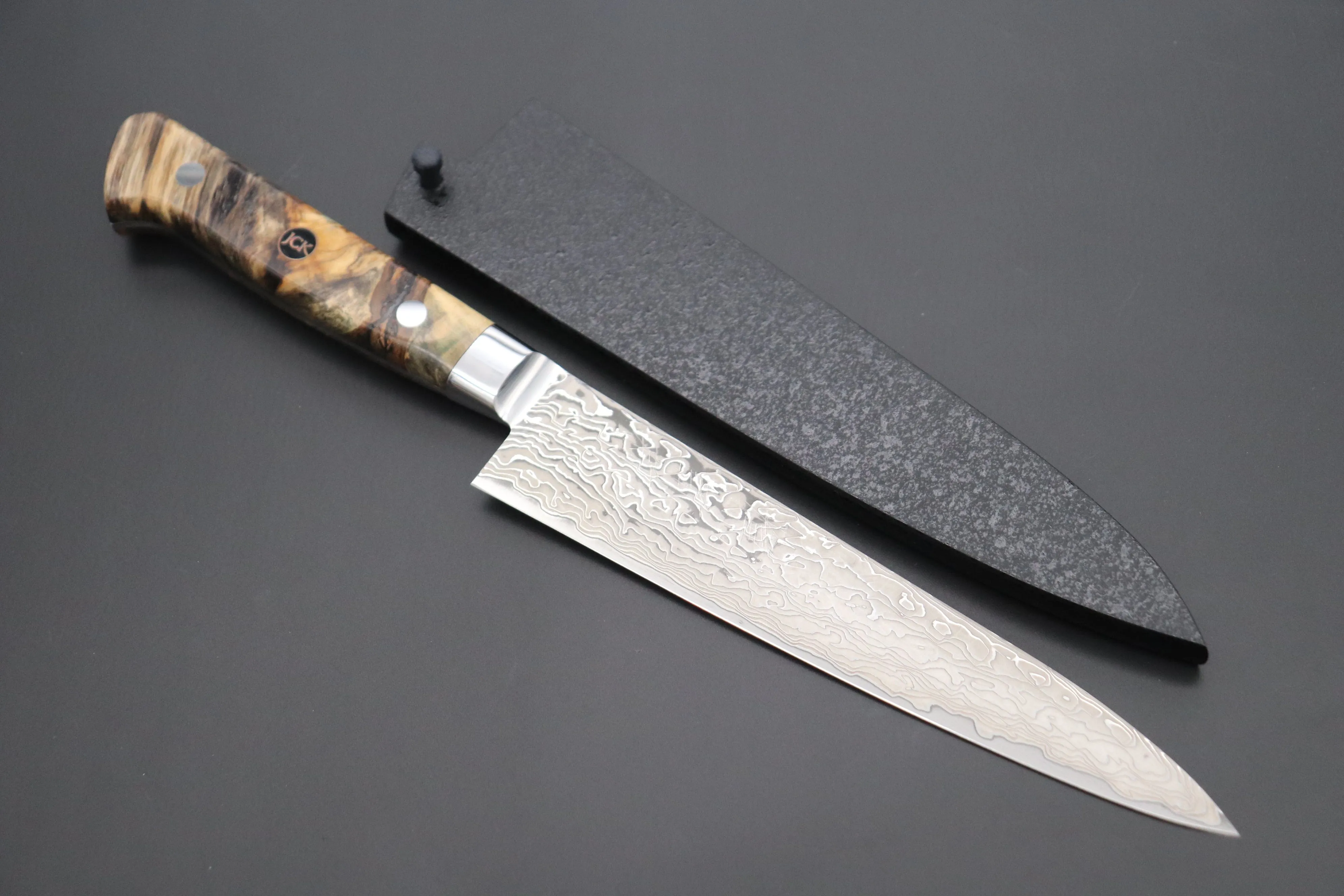 JCK Original Kagayaki NOVEL- Limited Edition Custom R-2 Damascus Series KNLTD-96 Petty 150mm (5.9 inch, Hammer Forged Blade)