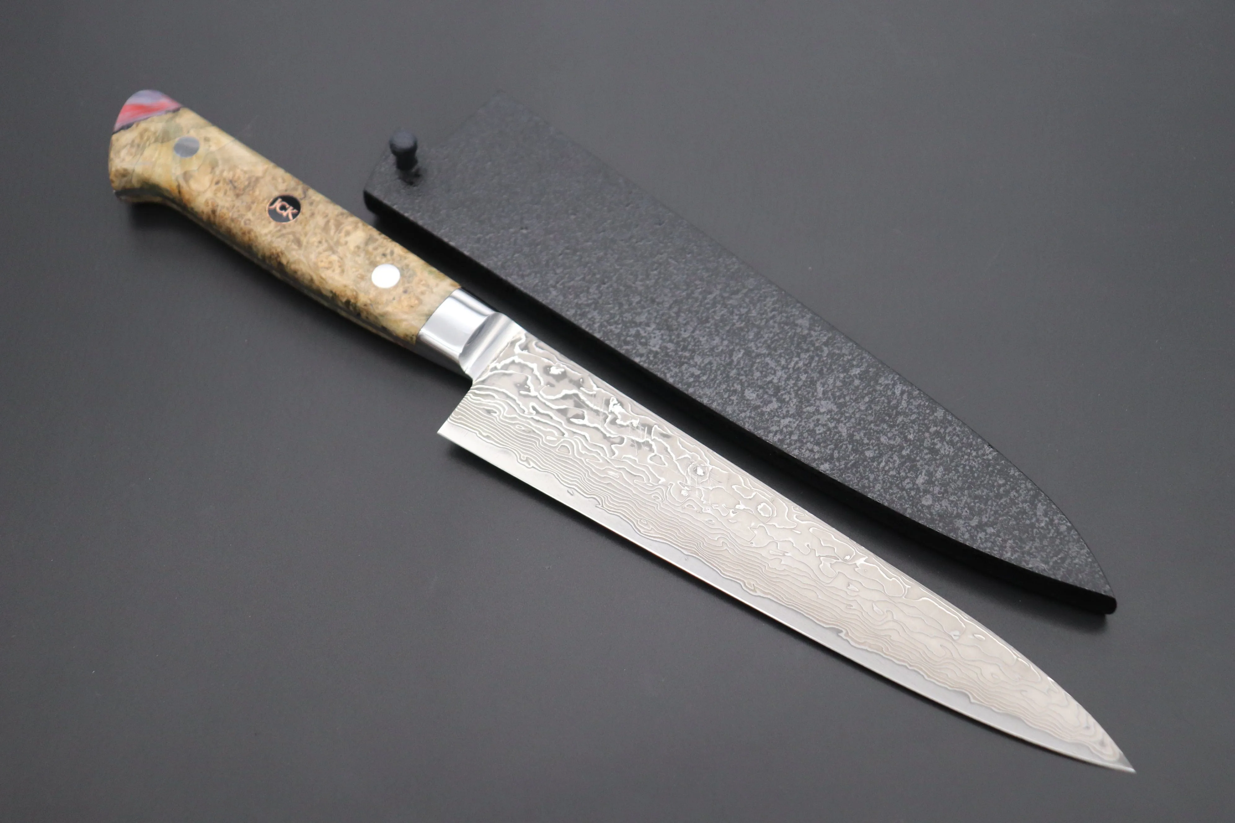 JCK Original Kagayaki NOVEL- Limited Edition Custom R-2 Damascus Series KNLTD-98 Petty 150mm (5.9 inch, Hammer Forged Blade)