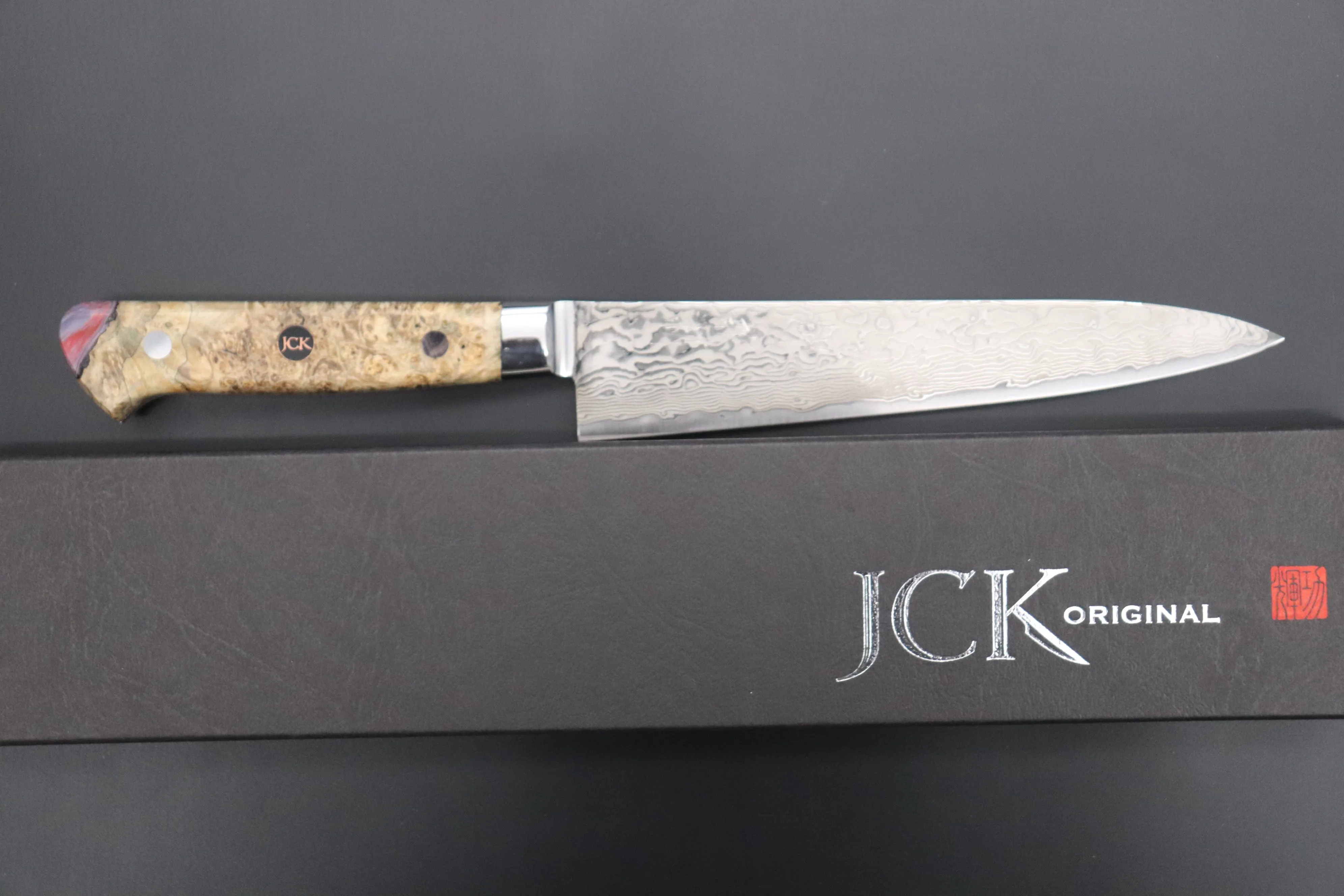 JCK Original Kagayaki NOVEL- Limited Edition Custom R-2 Damascus Series KNLTD-98 Petty 150mm (5.9 inch, Hammer Forged Blade)