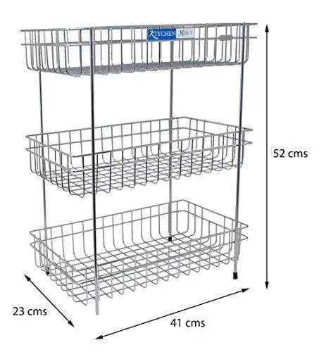 Kitchen Mart Fruit & Vegetable Trolley with / without Wheels, Rectangle, 3-Tier, Stainless Steel (Multipurpose Kitchen Storage Rack / Shelf)