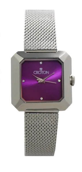 Ladies All Stainless Steel Silvertone Mesh Bracelet Watch with Purple Dial