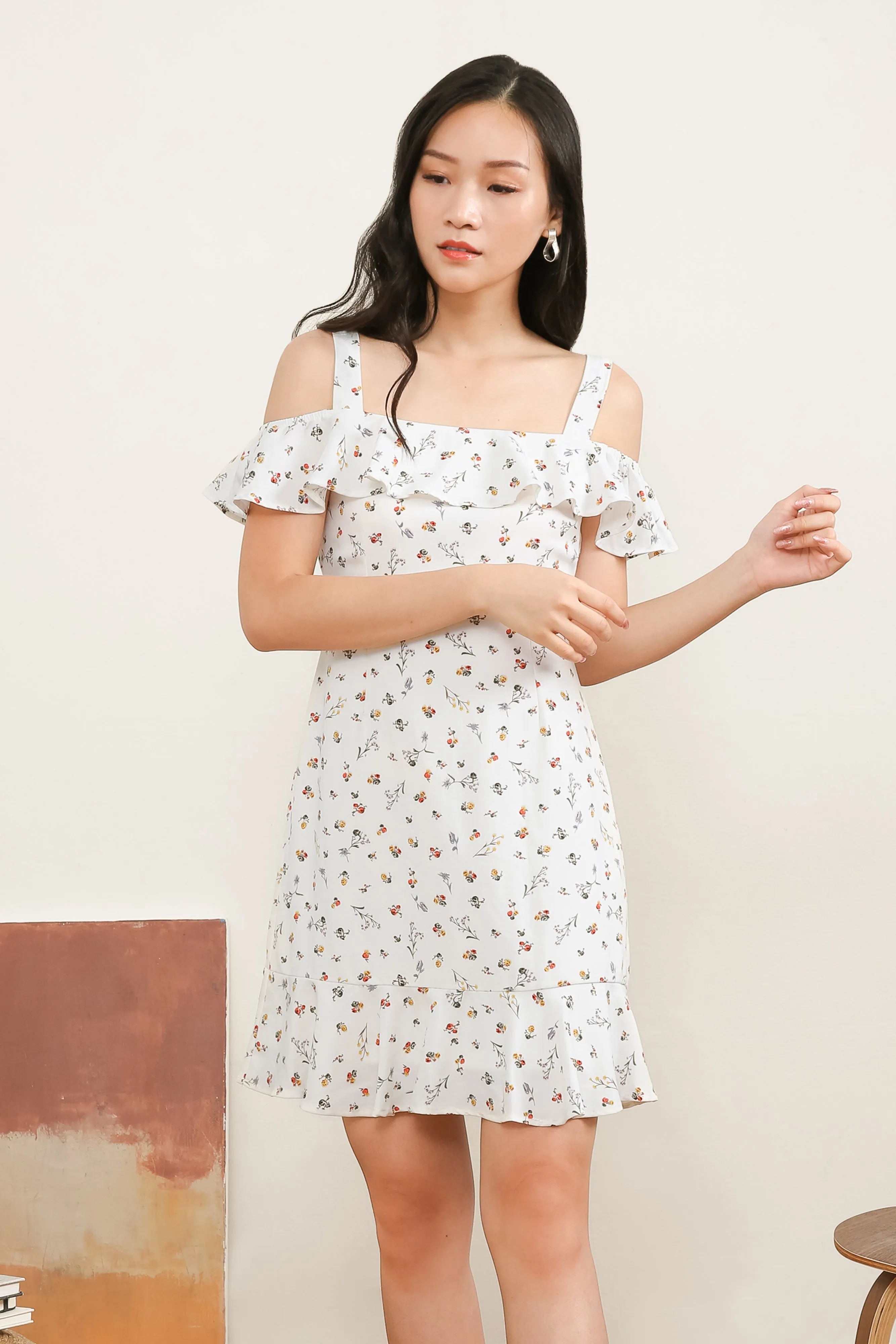 Madeline Printed Ruffle Dress In White