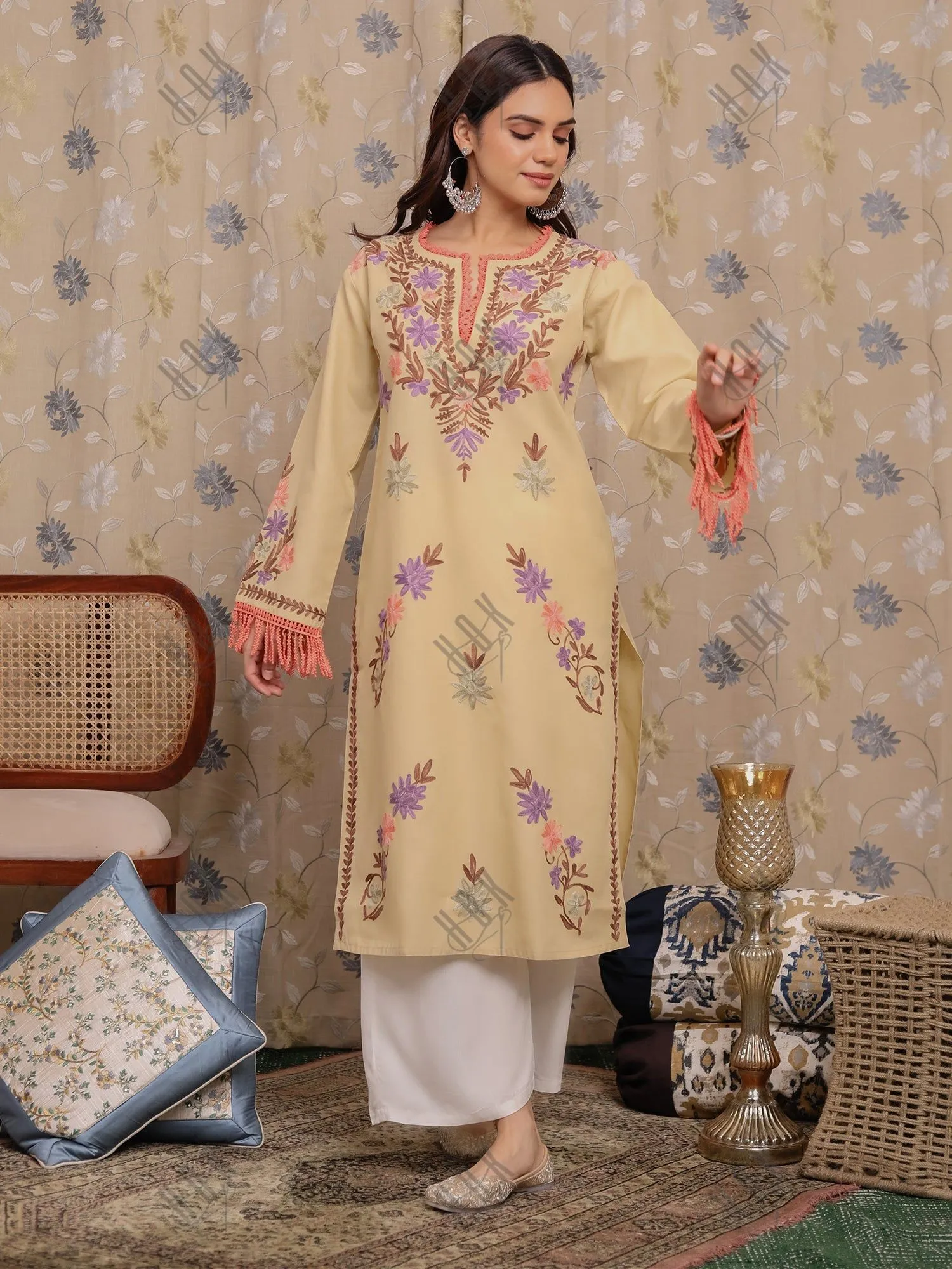 Miesha in Falak Kashmiri Long Kurta - Beige