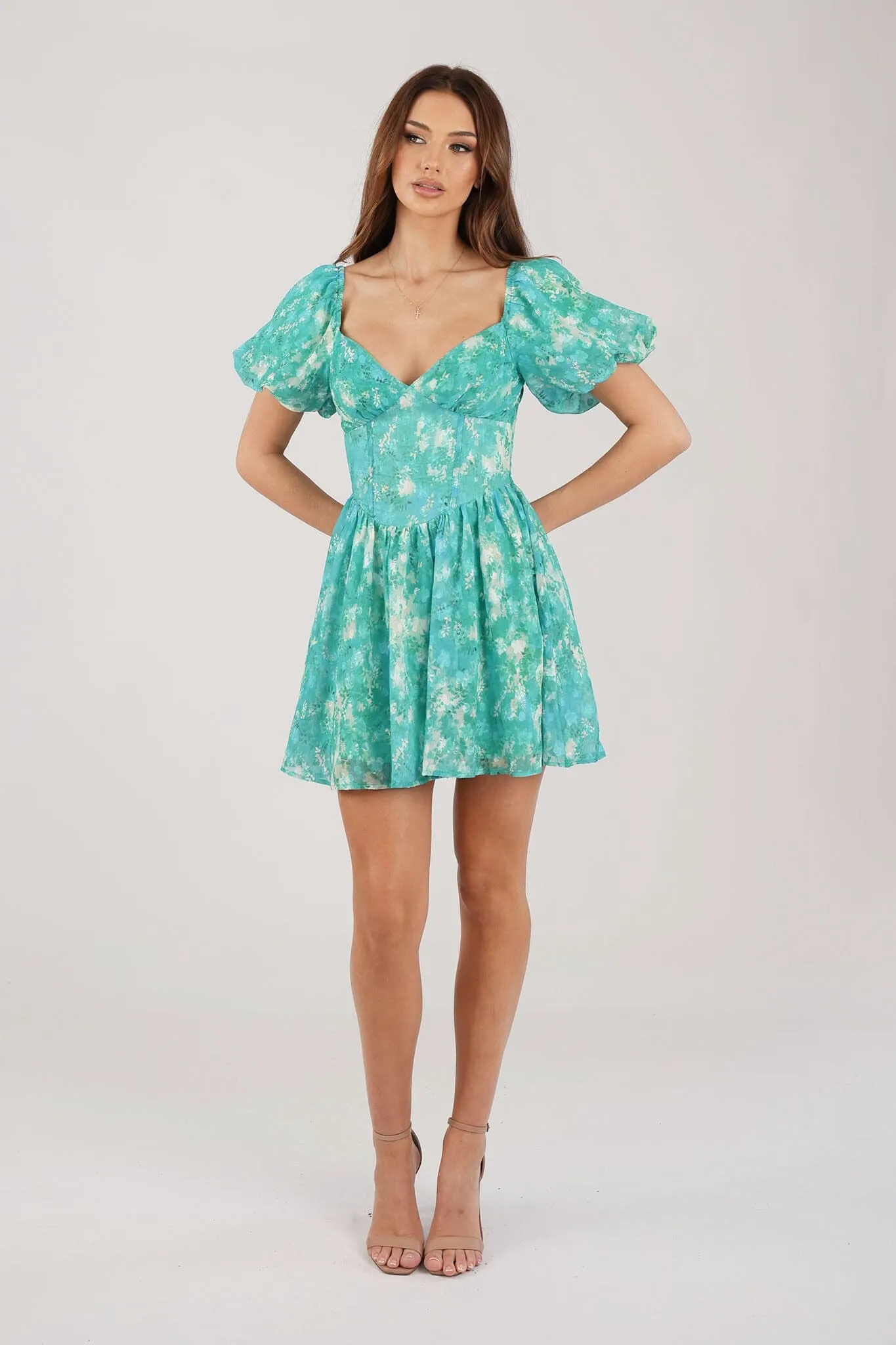 Miyah Puff Sleeve Mini Dress - Green Floral