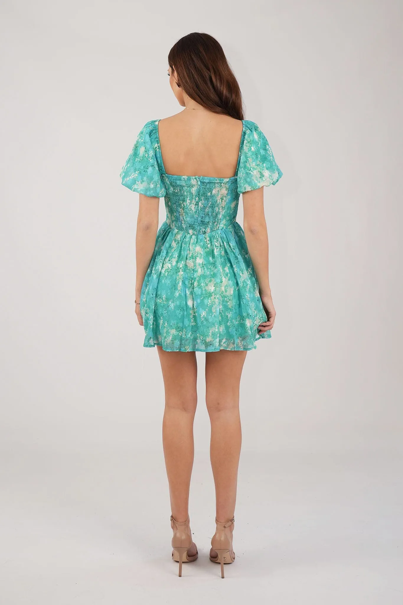 Miyah Puff Sleeve Mini Dress - Green Floral