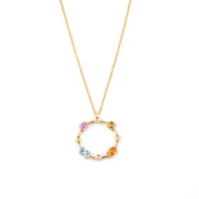 Multi coloured gemstones circle 18k yellow gold pendant