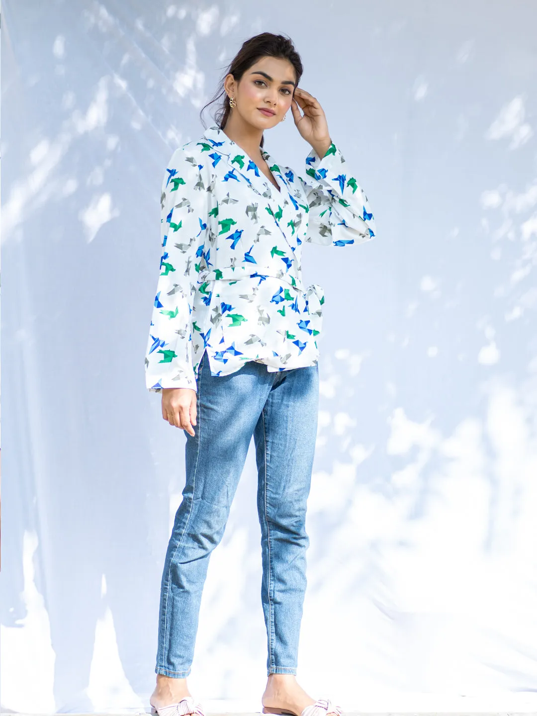 Origami Print Kimono Shirt With Belt